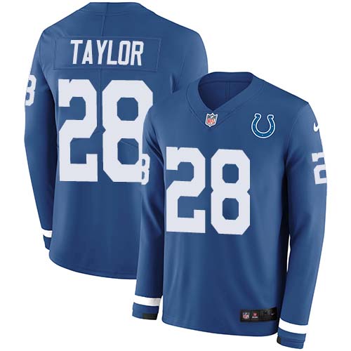 Colts #28 Jonathan Taylor Royal Blue Team Color Youth Stitched Limited Therma Long Sleeve Jersey