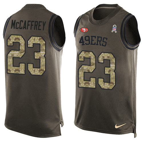 49ers #23 Christian McCaffrey Green Men's Stitched Limited Salute To Service Tank Top Jersey