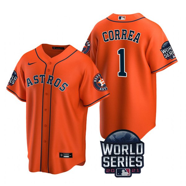 Houston Astros #1 Carlos Correa Men's 150th Anniversary 2021 World Series Game Jersey - Orange