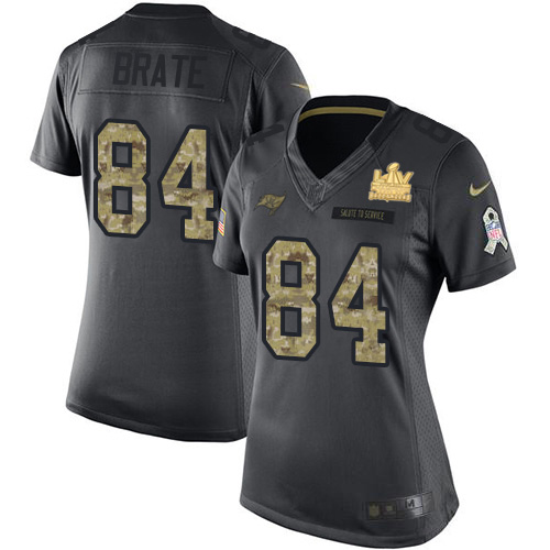 Tampa Bay Buccaneers #84 Cameron Brate Black Women's Super Bowl LV Champions Patch Stitched Limited 2016 Salute to Service Jersey Womens