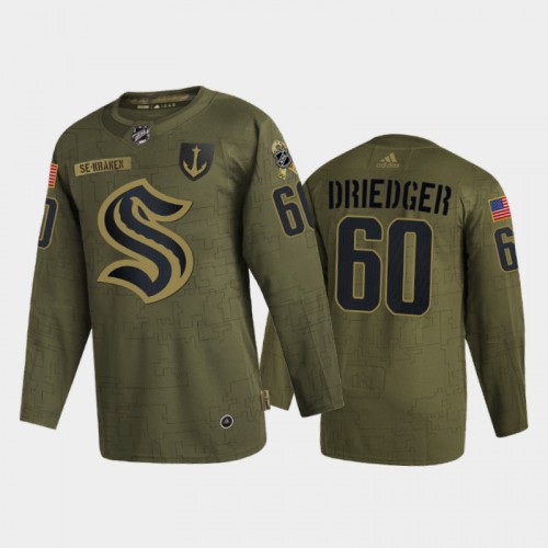 Seattle Seattle Kraken #60 Chris Driedger Men's Adidas Veterans Day 2022 Military Appreciation Jersey - Olive Men's