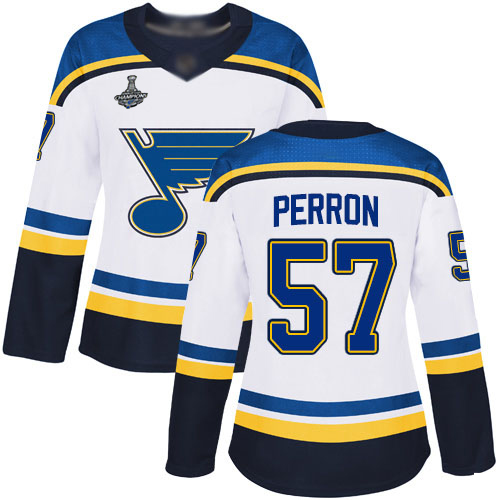 Adidas St. Louis Blues #57 David Perron White Road Authentic Stanley Cup Champions Women's Stitched Jersey Womens
