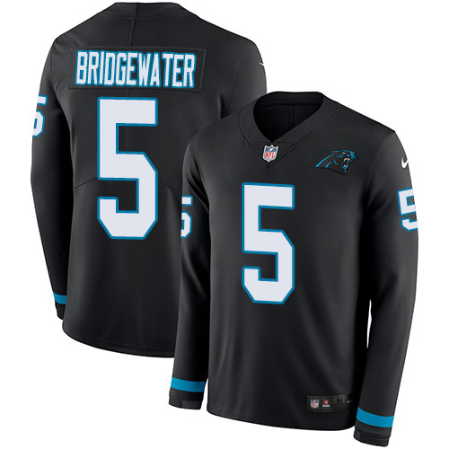 Carolina Panthers #5 Teddy Bridgewater Black Team Color Youth Stitched Limited Therma Long Sleeve Jersey Youth