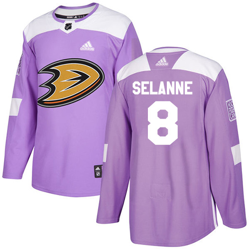 Adidas Anaheim Ducks #8 Teemu Selanne Purple Authentic Fights Cancer Stitched Jersey Men's