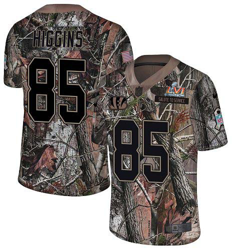 Bengals #85 Tee Higgins Camo Super Bowl LVI Patch Men's Stitched Limited Rush Realtree Jersey