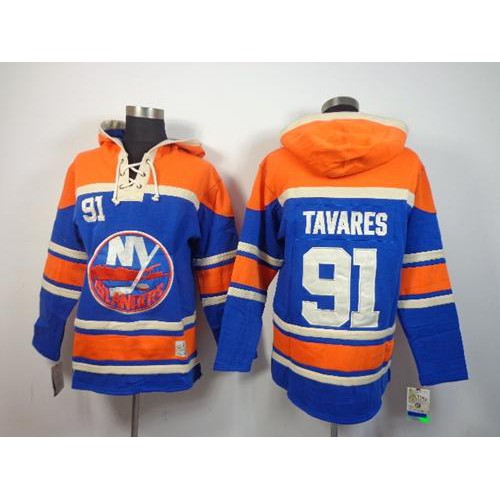 New York Islanders #91 John Tavares Baby Blue Sawyer Hooded Sweatshirt Stitched Jersey Men's