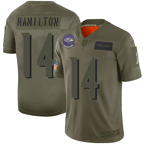 Ravens #14 Kyle Hamilton Camo Men's Stitched Limited 2019 Salute To Service Jersey