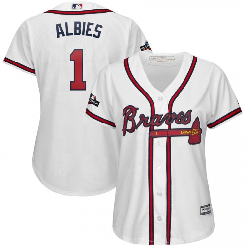 Atlanta Atlanta Braves #1 Ozzie Albies Majestic Women's 2019 Postseason Official Cool Base Player Jersey White Womens