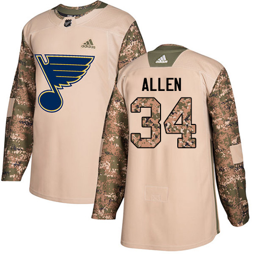 Adidas St. Louis Blues #34 Jake Allen Camo Authentic 2017 Veterans Day Stitched Youth Jersey Youth