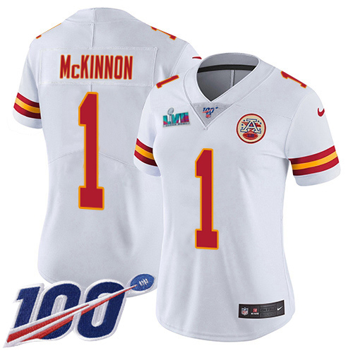 Chiefs #1 Jerick McKinnon White Super Bowl LVII Patch Women's Stitched 100th Season Vapor Limited Jersey