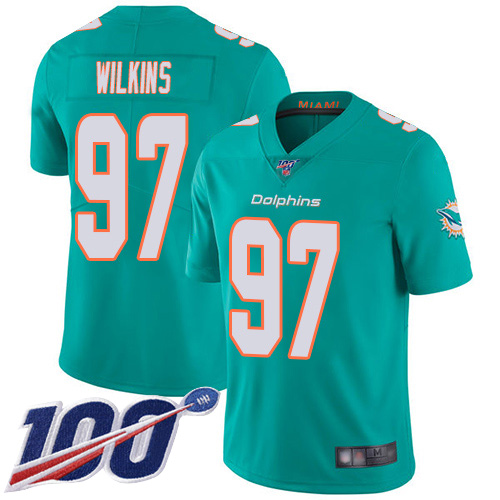 Miami Dolphins #97 Christian Wilkins Aqua Green Team Color Men's Stitched 100th Season Vapor Limited Jersey Men's