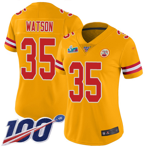 Chiefs #35 Jaylen Watson Gold Super Bowl LVII Patch Women's Stitched Limited Inverted Legend 100th Season Jersey