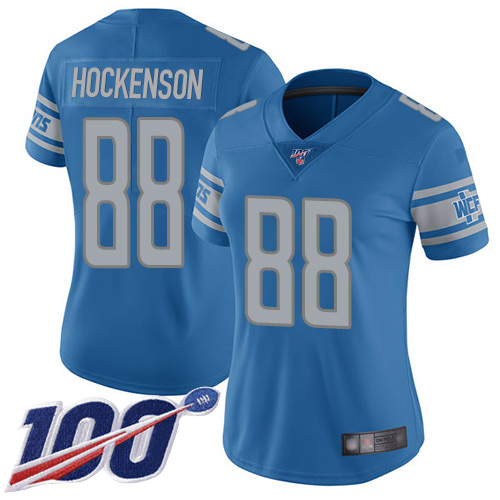 Detroit Lions #88 T.J. Hockenson Blue Team Color Women's Stitched 100th Season Vapor Limited Jersey Womens