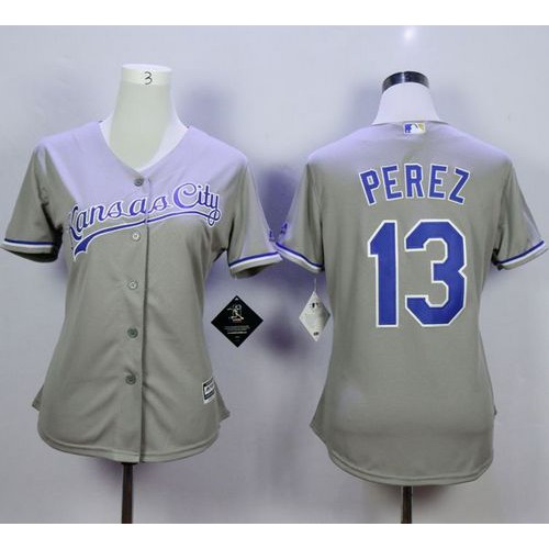 Kansas City Royals #13 Salvador Perez Grey Road Women's Stitched Jersey Womens