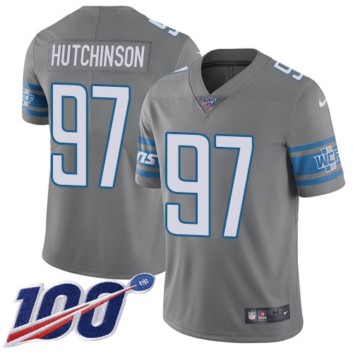 Lions #97 Aidan Hutchinson Gray Youth Stitched Limited Rush 100th Season Jersey