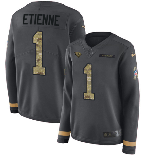 Jaguars #1 Travis Etienne Anthracite Salute To Service Women's Stitched Limited Therma Long Sleeve Jersey