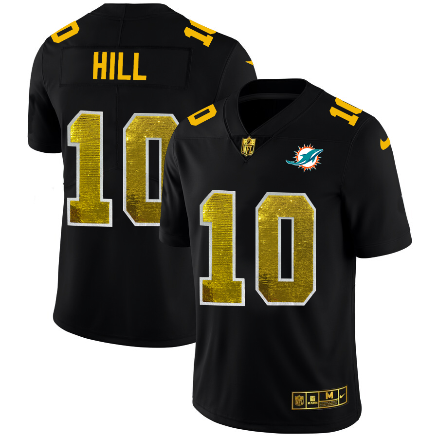 Miami Dolphins #10 Tyreek Hill Men's Black Golden Sequin Vapor Limited Jersey