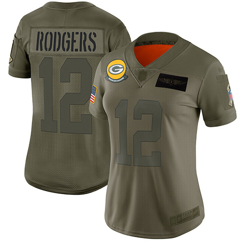 Packers #12 Aaron Rodgers Camo Women's Stitched Limited 2019 Salute To Service Jersey