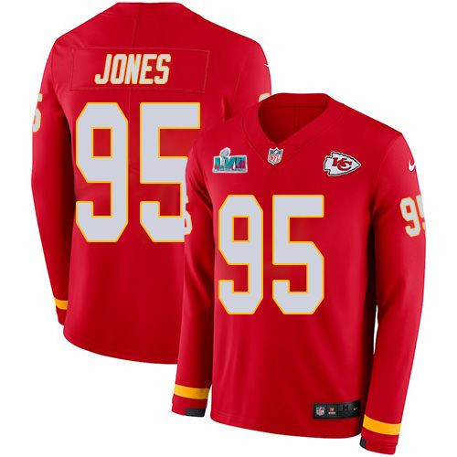 Chiefs #95 Chris Jones Red Team Color Super Bowl LVII Patch Men's Stitched Limited Therma Long Sleeve Jersey
