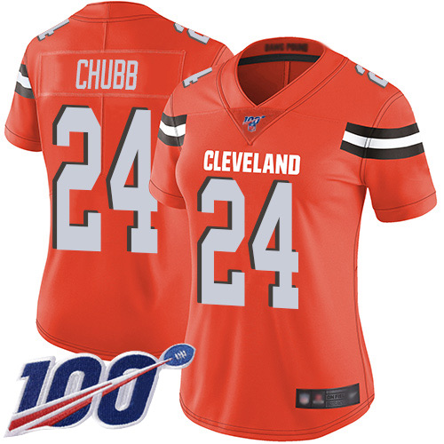 Browns #24 Nick Chubb Orange Alternate Women's Stitched 100th Season Vapor Limited Jersey