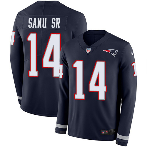 New England Patriots #14 Mohamed Sanu Sr Navy Blue Team Color Men's Stitched Limited Therma Long Sleeve Jersey Men's
