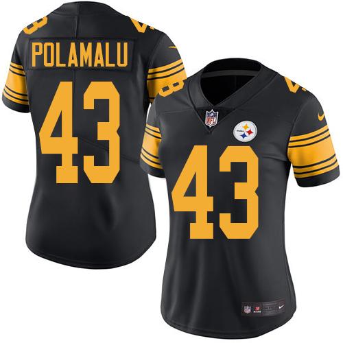 Steelers #43 Troy Polamalu Black Women's Stitched Limited Rush Jersey