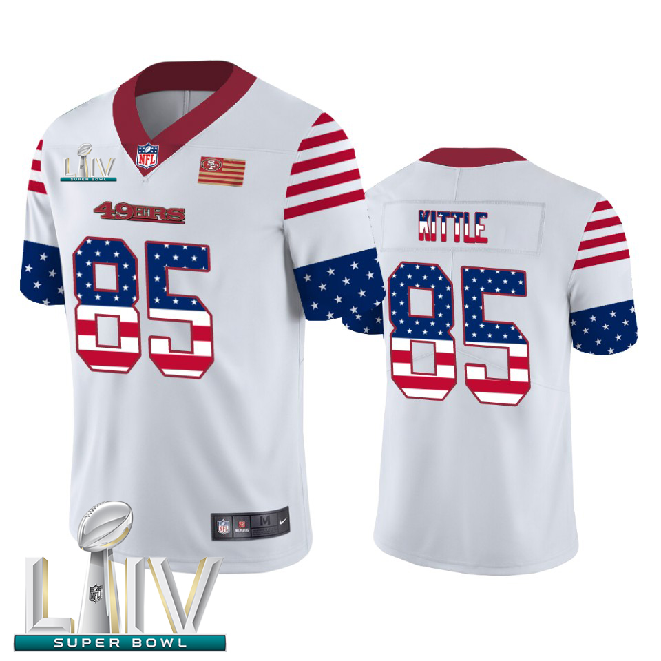 San Francisco 49ers #85 George Kittle White Super Bowl LIV 2020 Men's Team Logo USA Flag Vapor Untouchable Limited Jersey