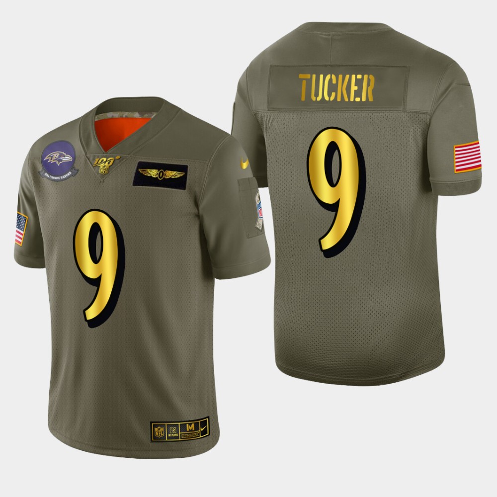 Baltimore Ravens #9 Justin Tucker Men's Olive Gold 2019 Salute To Service Limited 100 Jersey