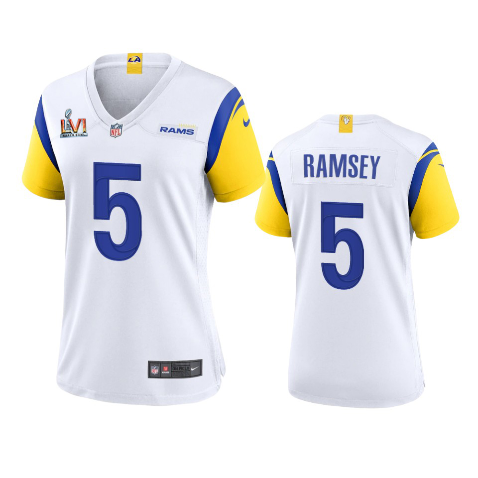 Los Angeles Rams #5 Jalen Ramsey Women's Super Bowl LVI Patch Alternate Game Jersey - White
