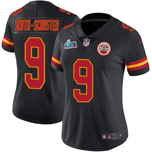 Chiefs #9 JuJu Smith-Schuster Black Super Bowl LVII Patch Women's Stitched Limited Rush Jersey