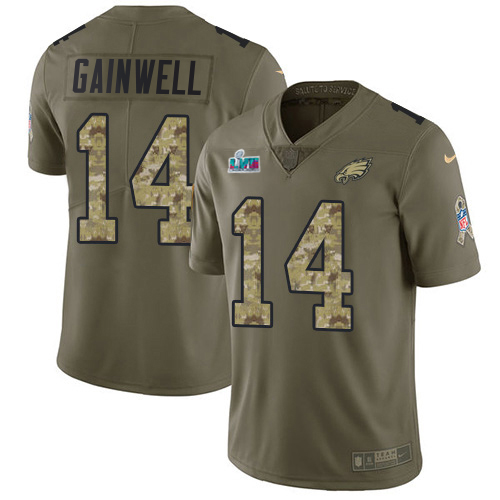 Eagles #14 Kenneth Gainwell Olive/Camo Super Bowl LVII Patch Men's Stitched Limited 2017 Salute To Service Jersey