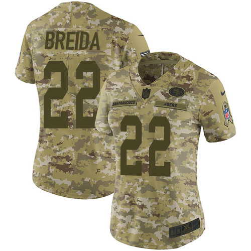 San Francisco 49ers #22 Matt Breida Camo Women's Stitched Limited 2018 Salute to Service Jersey Womens