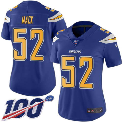 Chargers #52 Khalil Mack Electric Blue Women's Stitched Limited Rush 100th Season Jersey