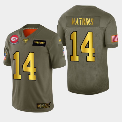 Kansas City Kansas City Chiefs #14 Sammy Watkins Men's Olive Gold 2019 Salute to Service Limited 100 Jersey Men's