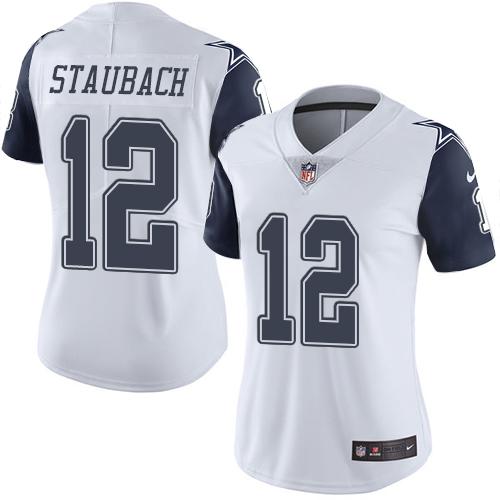 Cowboys #12 Roger Staubach White Women's Stitched Limited Rush Jersey