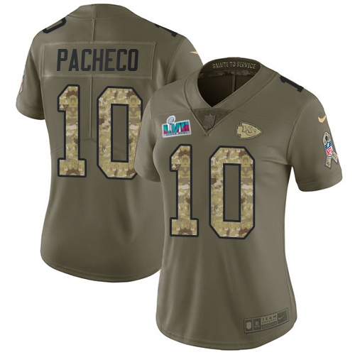 Chiefs #10 Isiah Pacheco Olive/Camo Super Bowl LVII Patch Women's Stitched Limited 2017 Salute To Service Jersey