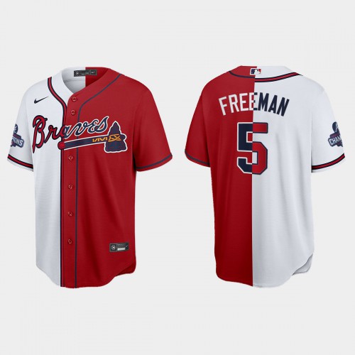 Atlanta Atlanta Braves #5 Freddie Freeman Men's 2021 World Series Champions Split Red White Stitched Jersey Men's