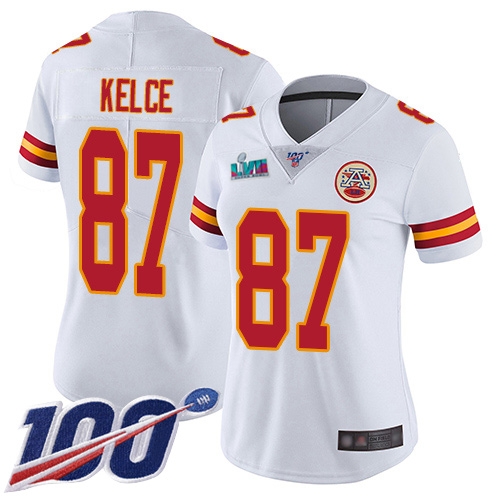 Chiefs #87 Travis Kelce White Super Bowl LVII Patch Women's Stitched 100th Season Vapor Limited Jersey