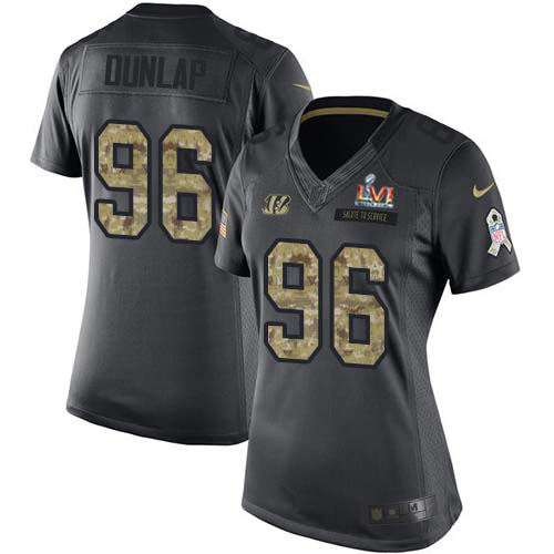 Cincinnati Bengals #96 Carlos Dunlap Black Super Bowl LVI Patch Women's Stitched Limited 2016 Salute to Service Jersey Womens