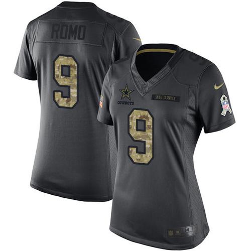 Dallas Cowboys #9 Tony Romo Black Women's Stitched Limited 2016 Salute to Service Jersey Womens