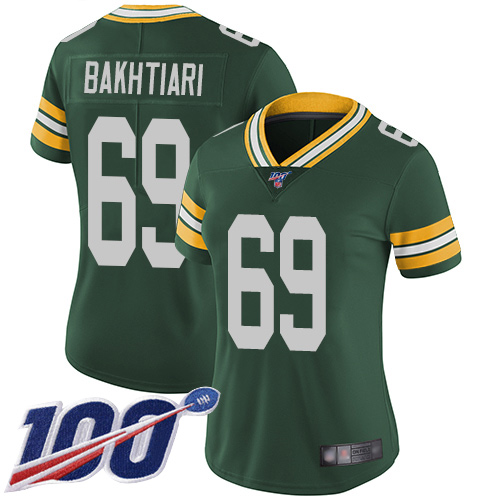 Green Bay Packers #69 David Bakhtiari Green Team Color Women's Stitched 100th Season Vapor Limited Jersey Womens