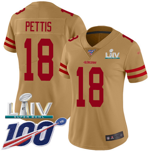 San Francisco 49ers #18 Dante Pettis Gold Super Bowl LIV 2020 Women's Stitched Limited Inverted Legend 100th Season Jersey Womens