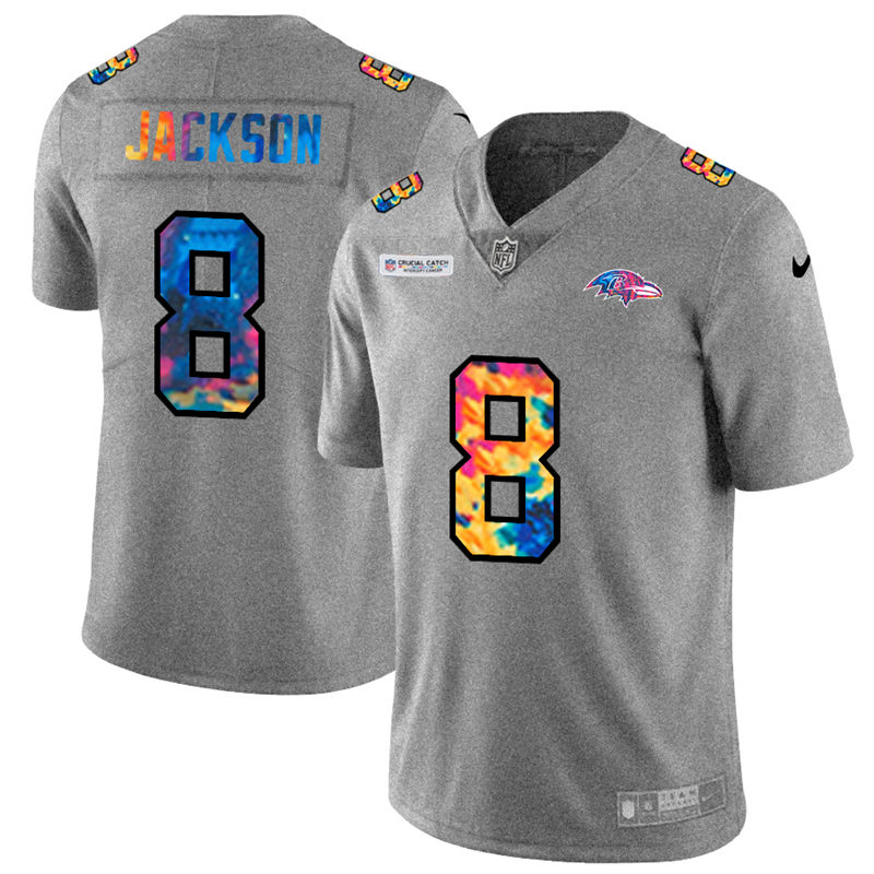 Baltimore Ravens #8 Lamar Jackson Men's Multi-Color 2020 Crucial Catch Jersey Greyheather
