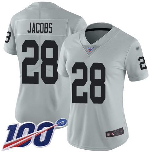 Raiders #28 Josh Jacobs Silver Women's Stitched Limited Inverted Legend 100th Season Jersey