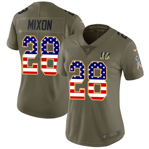 Bengals #28 Joe Mixon Olive/USA Flag Women's Stitched Limited 2017 Salute To Service Jersey