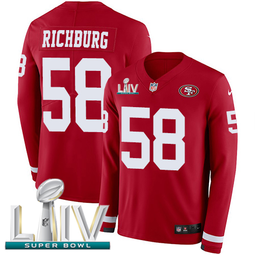 San Francisco 49ers #58 Weston Richburg Red Super Bowl LIV 2020 Team Color Men's Stitched Limited Therma Long Sleeve Jersey Men's
