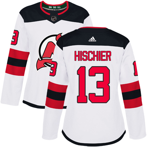 Adidas New Jersey Devils #13 Nico Hischier White Road Authentic Women's Stitched Jersey Womens