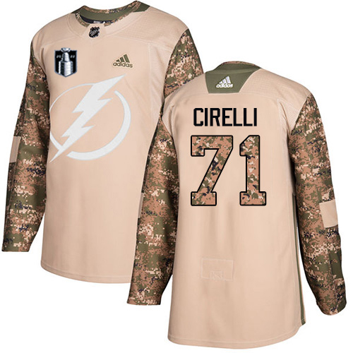 Adidas Tampa Bay Lightning #71 Anthony Cirelli Camo Authentic 2022 Stanley Cup Final Patch Veterans Day Stitched Jersey Men's