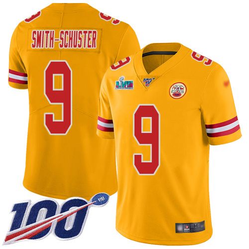 Chiefs #9 JuJu Smith-Schuster Gold Super Bowl LVII Patch Youth Stitched Limited Inverted Legend 100th Season Jersey