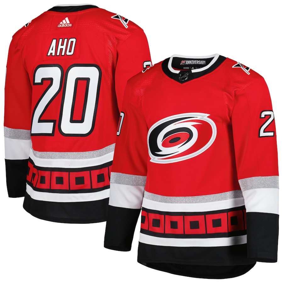 Carolina Hurricanes #20 Sebastian Aho Men's Adidas Red 25th Anniversary Authentic Pro Primegreen Player Jersey